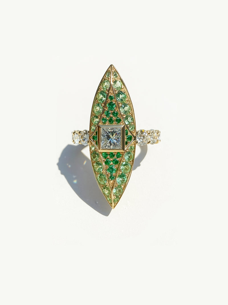 Athena's Eye Navette Ring With Princess-Cut White Diamond & Tsavorite Garnets In 18K Yellow Gold