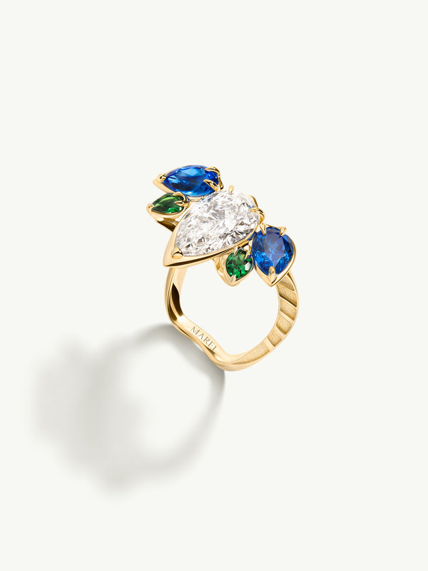 Lotus Lakshmi Ring with Pear-Shaped Diamond, Blue Spinels & Tsavorite Garnets In 18K Yellow Gold