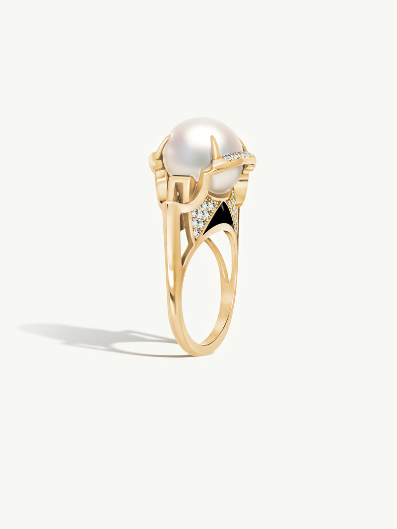 Isis Goddess Ring With White South Sea Pearl & Pavé-Set Brilliant White Diamonds In 18K Yellow Gold