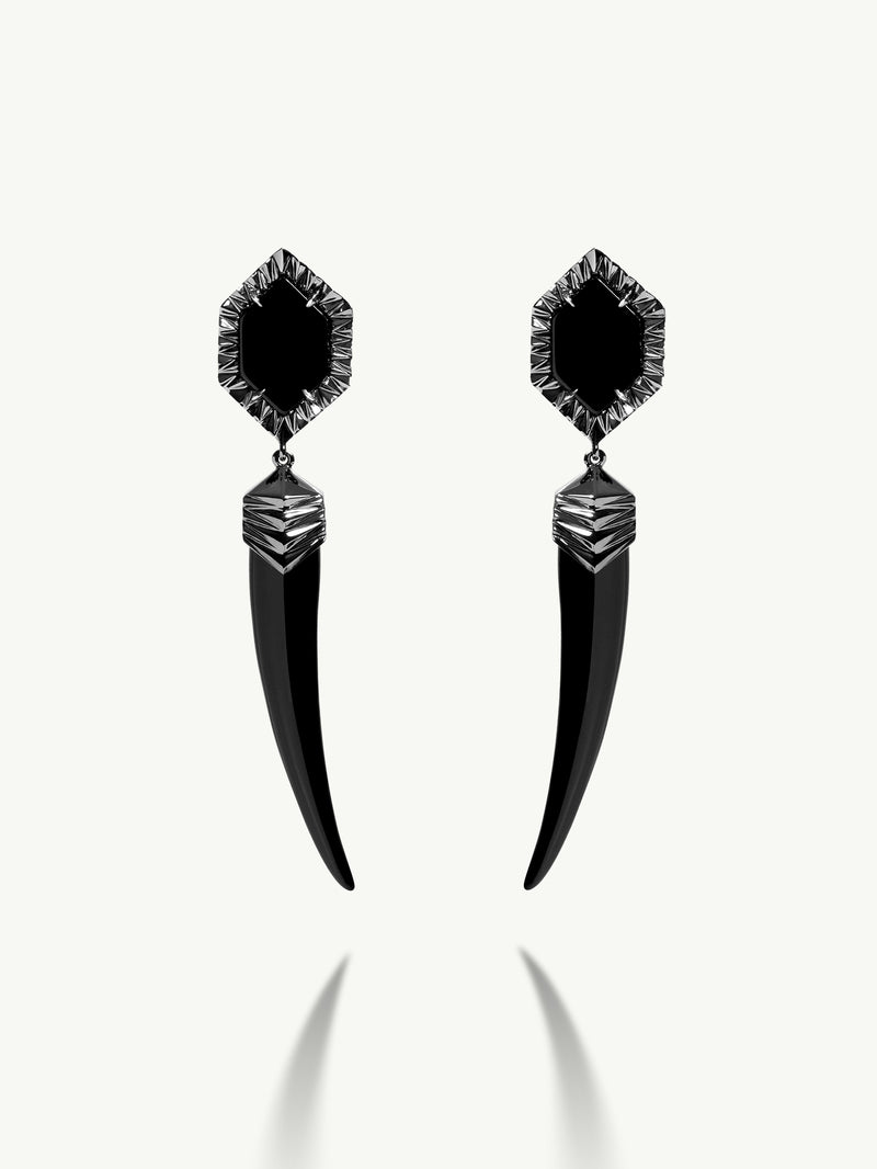 Alexandria Horn Talisman Drop Earrings With Black Onyx Agate In 18K Blackened Gold