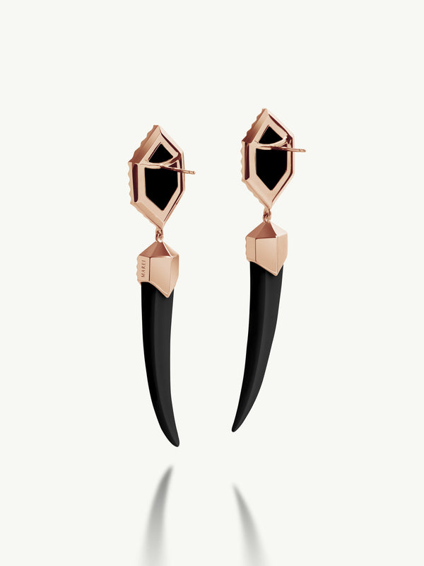 Alexandria Horn Talisman Drop Earrings With Black Onyx Agate In 18K Rose Gold