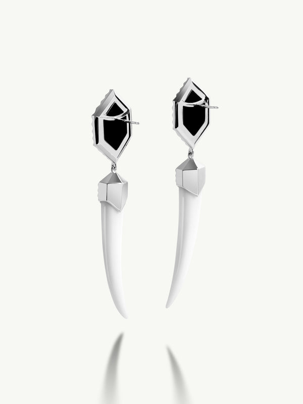 Alexandria Horn Talisman Drop Earrings With Black & White Onyx Agate In 18K White Gold