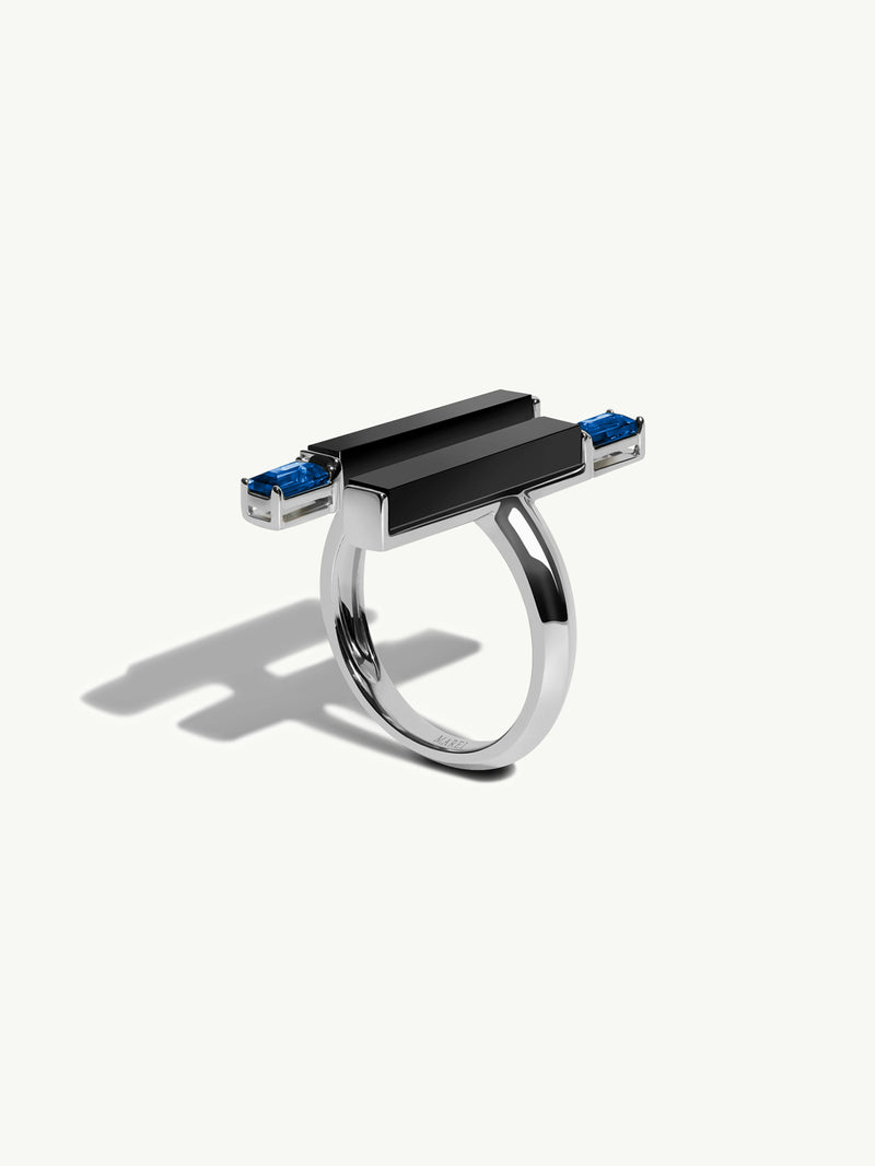 Invidia Black Onyx Column & Baguette-Cut Blue Sapphire Ring In 18K White Gold