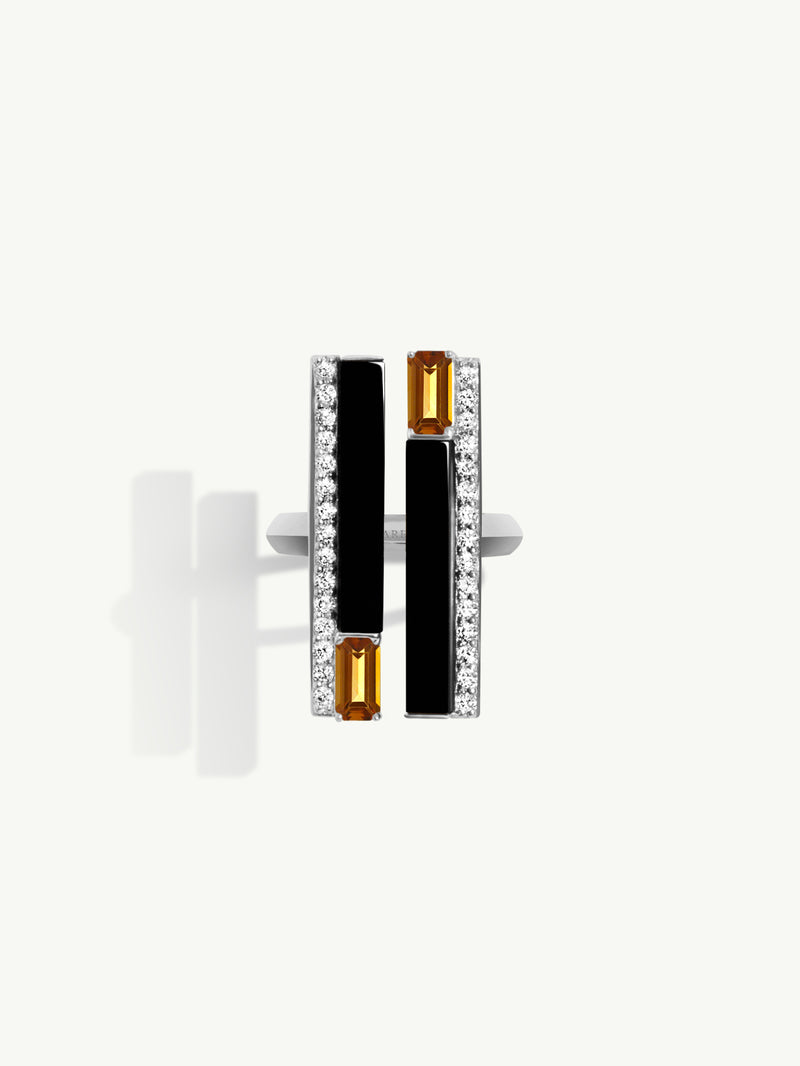 Invidia Black Onyx Column Ring With Baguette-Cut Citrine & Pavé White Diamonds In 18K White Gold, 0.45 CTW