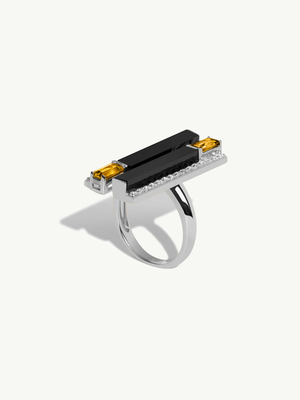 Invidia Black Onyx Column Ring With Baguette-Cut Citrine & Pavé White Diamonds In 18K White Gold, 0.45 CTW