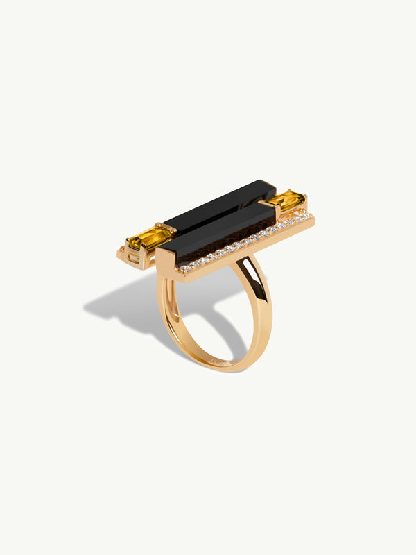 Invidia Black Onyx Column Ring With Baguette-Cut Citrine & White Diamonds In 18K Yellow Gold, 0.45 CTW
