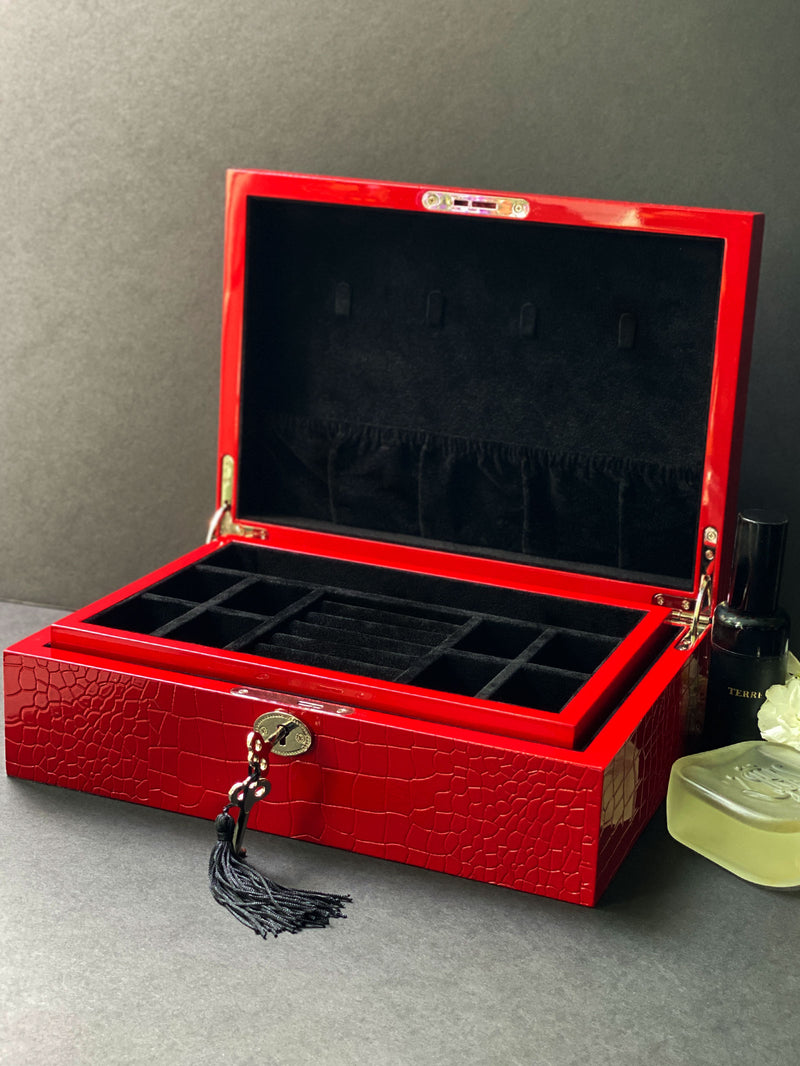 Faux Red Crocodile-Textured Leather Jewelry Box