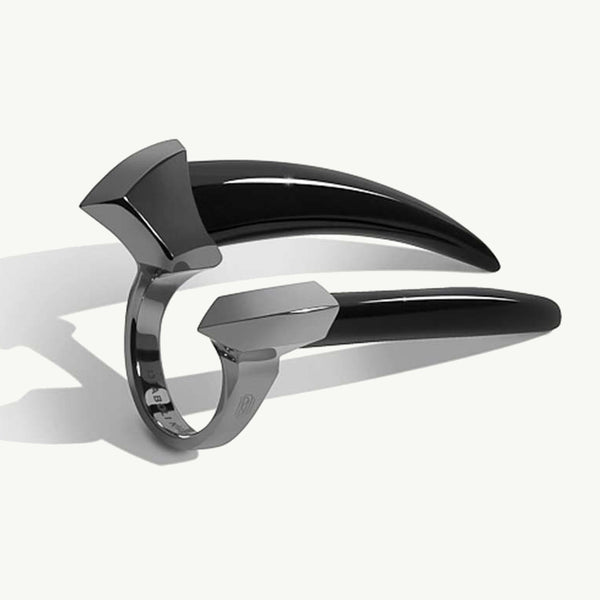 MAREI Damian Black Onyx Talisman Horn Ring In Blackened Silver