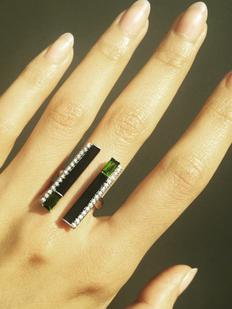 Invidia Black Onyx & Baguette-Cut White Diamond Ring With Pavé-Set Diamonds In 18K Black Gold